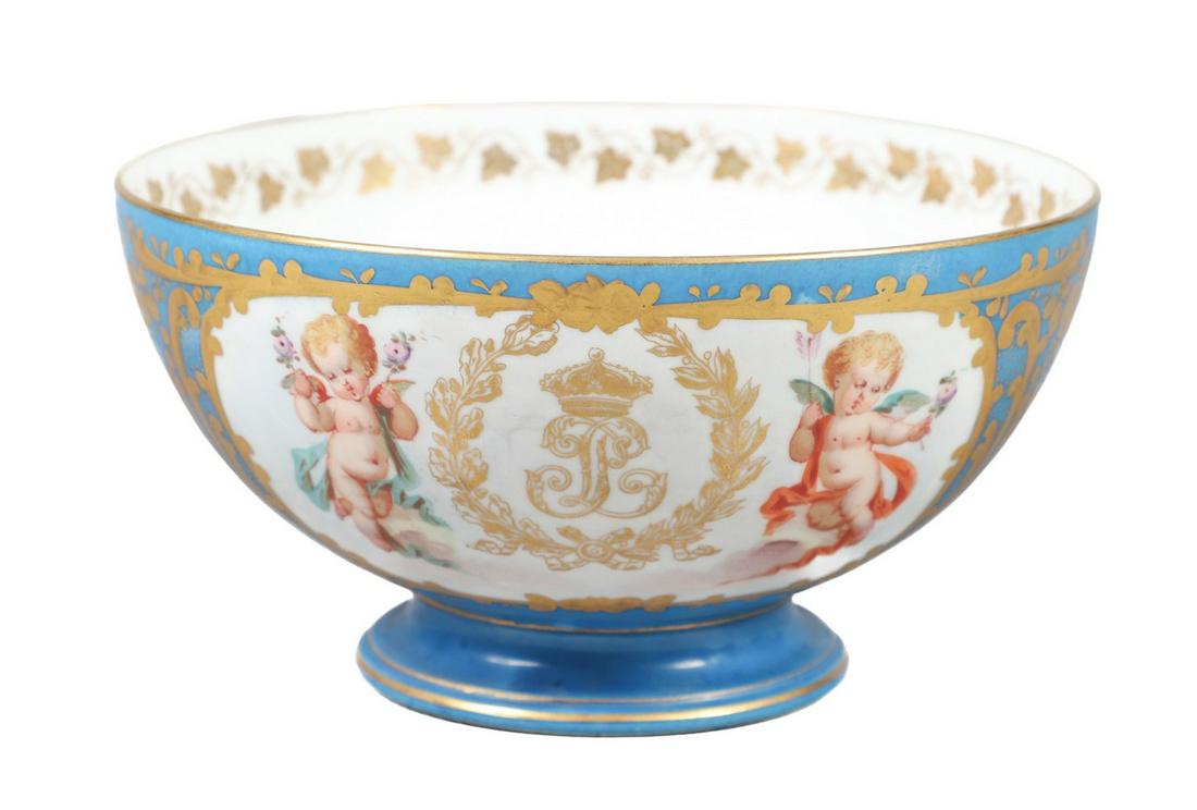 Sevres Porcelain Cherub Bowl: Sevres porcelain cherub bowl, front with monogram LP for King Louis Philippe (1830-1848 last King of France), floating putti, blue celeste ground, interior floral spray & border with ivy vine in gold,
