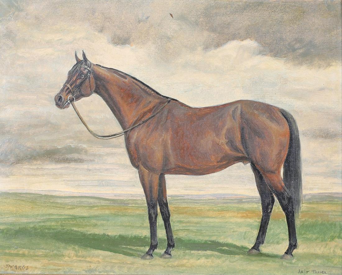 Jane Thayer Equestrian Painting "Pharos": Jane Thayer (20th c) Equestrian Painting "Pharos" depicting the famous British thoroughbred race horse, oil on paper, signed Jane Thayer, 8" x 10", framed 14-1/4" x 16-1/2", good condition