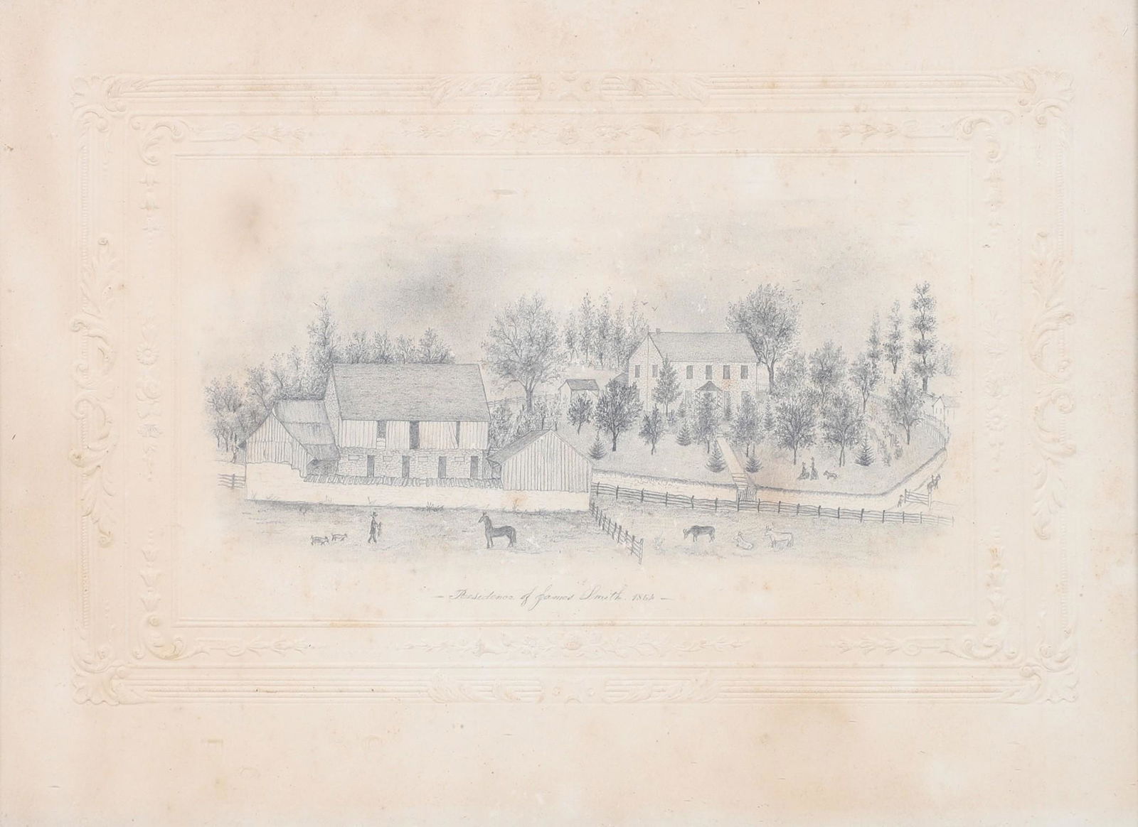1854 American Folk Art Sketch of a Home "Residence of James Smith 1854": 1854 American Folk Art Sketch of a Home "Residence of James Smith 1854", pencil on paper with embossed border, 7-1/2" x 10" sheet, framed 9" x 11-1/2", good condition, toning and spotting