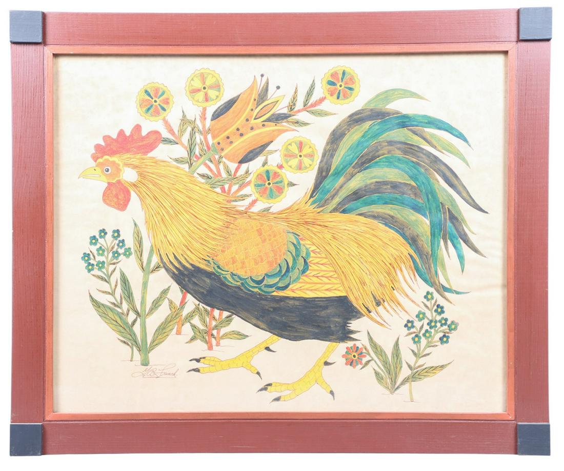 Large GB French Watercolor Folk Rooster Painting (1 of 3)