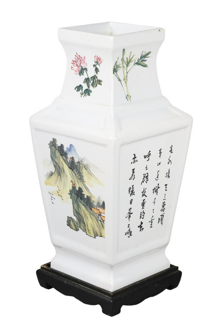 Chinese Porcelain Vase: Chinese porcelain vase, mountain landscape & calligraphy, seal mark to base, 7-1/2" sq x 16" h, with fitted wood stand
