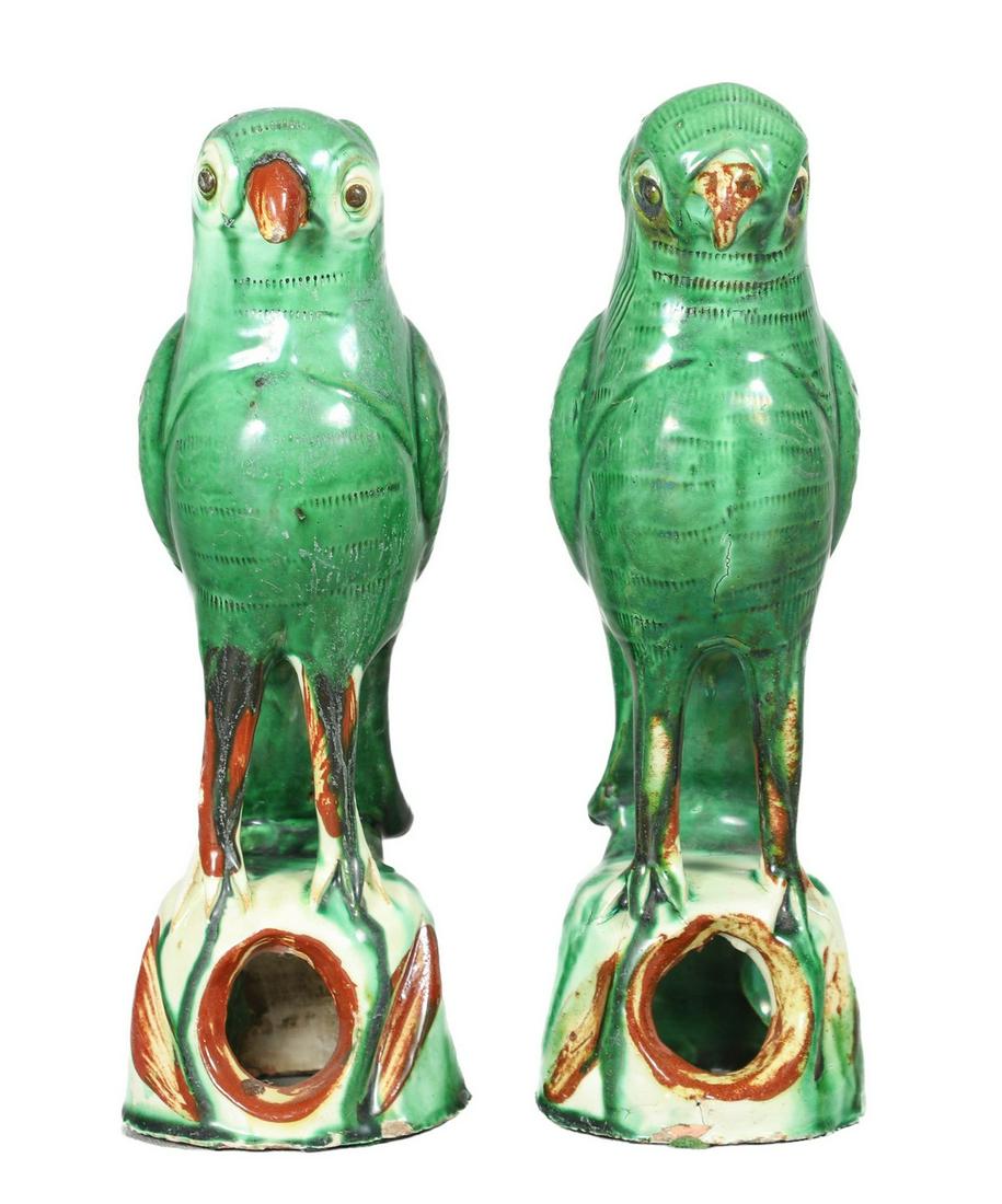 Pair of Chinese Pottery Parrot Figures: Pair of Chinese pottery parrot bird figures, unmarked, 8-3/4" h