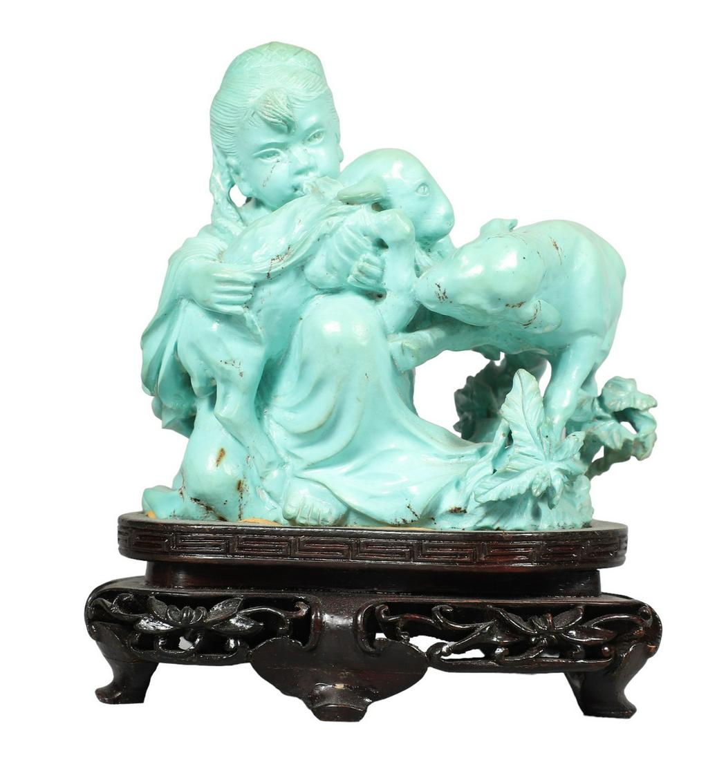 Chinese Carved Figure: Chinese carved figure, girl with sheep, attached to fitted carved wood base, 5" h