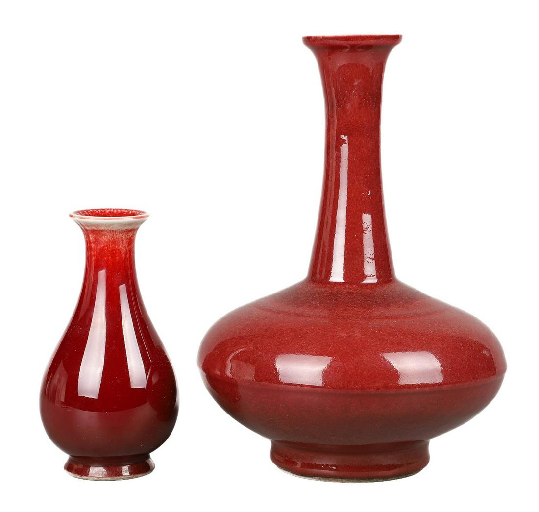 (2) Chinese Sang de Boeuf Vases: (2) Chinese porcelain sang de boeuf vases, unmarked, 6-1/2" h & 11" h