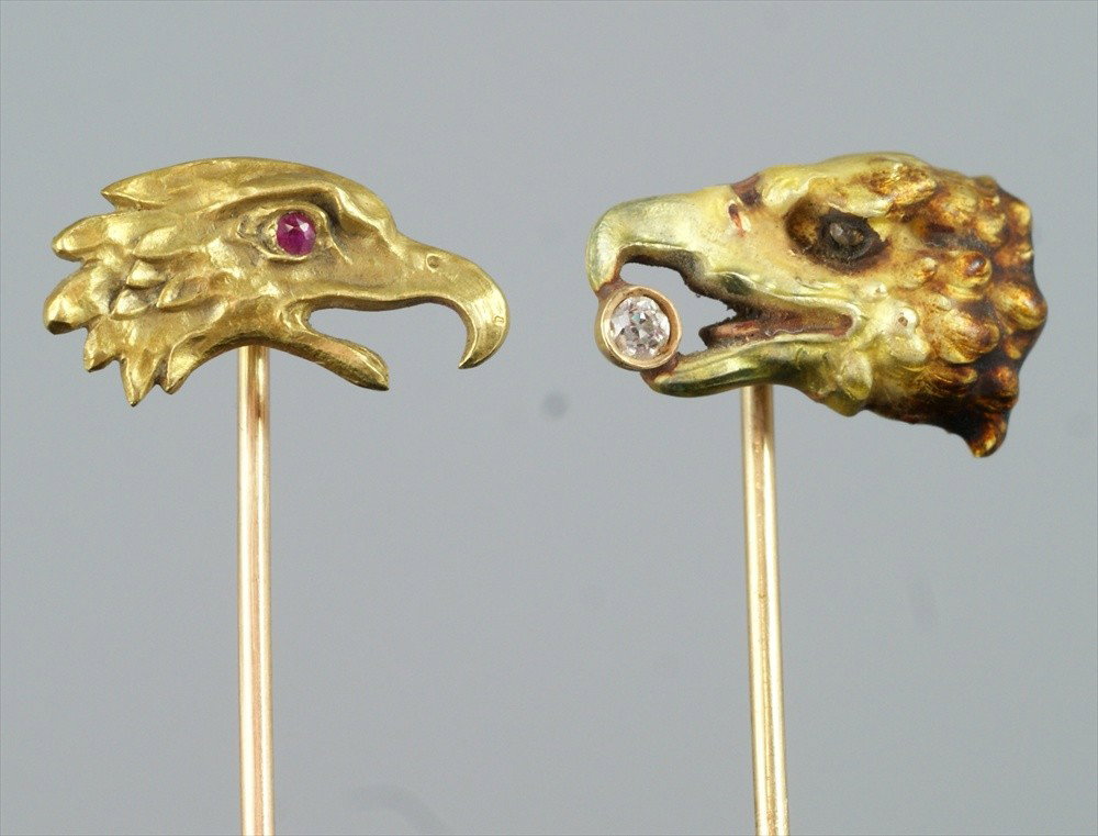 (2) 14K YG stickpins, opposing eagles heads, eac: (2) 14K YG stickpins, opposing eagles heads, each with stones, 2.9 dwt