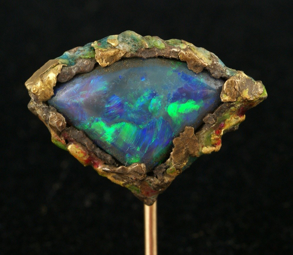 14K YG & 20K over sterling triangular black opal: 14K YG & 20K over sterling triangular black opal stickpin, marked "Chamelrupar 14K & 20K/925/1000" verso, 11 mm x 6.5 mm stone