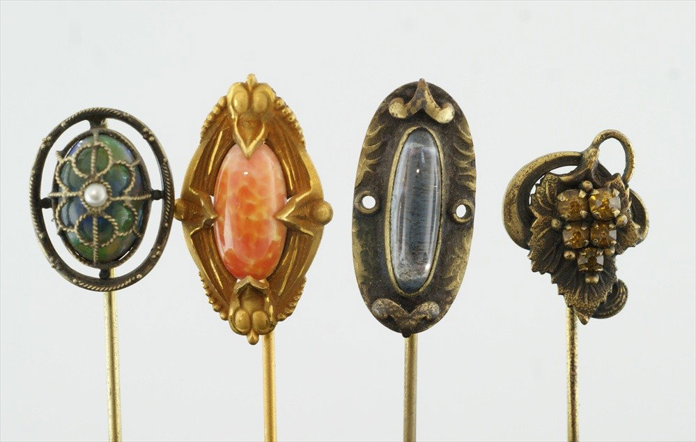 (4) YGF & other non-gold stickpins, opal, coral,: (4) YGF & other non-gold stickpins, opal, coral, aqua, and amethyst stones