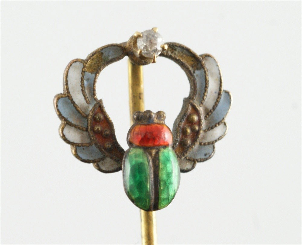 Unmarked YG stickpin, enameled beetle with small: Unmarked YG stickpin, enameled beetle with small diamond, .8 dwt