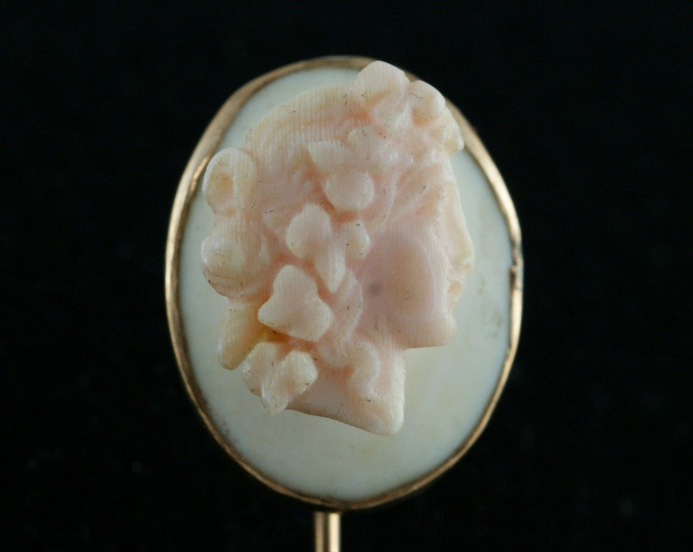 YGF stickpin, carved pink to white shell cameo: YGF stickpin, carved pink to white shell cameo