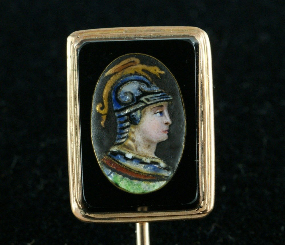 YGF stickpin, intaglio carved and enameled Roman: YGF stickpin, intaglio carved and enameled Roman soldier in onyx