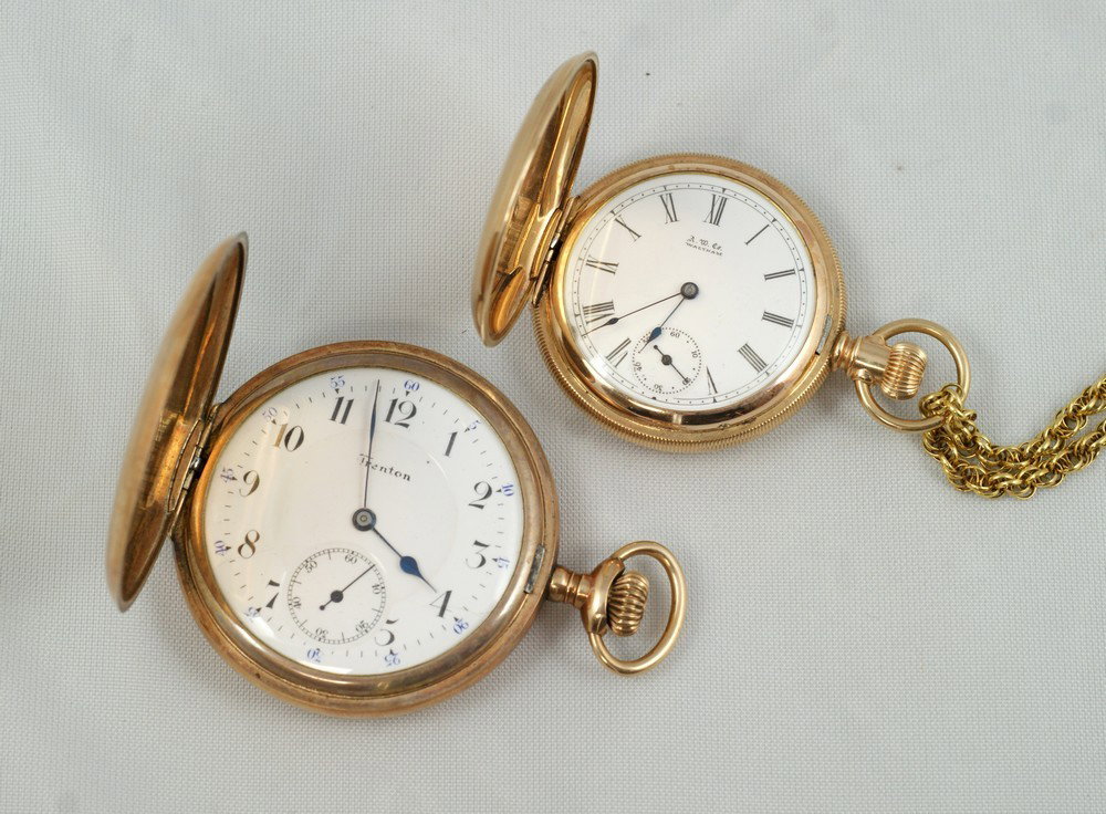 (2) YGF pocket watches, American Waltham ladies : (2) YGF pocket watches, American Waltham ladies hunt case , runs when wound, on YGF chain, dial in good condition, along with a mans Ingersoll hunt case , not running, double sunk dial marked Trenton