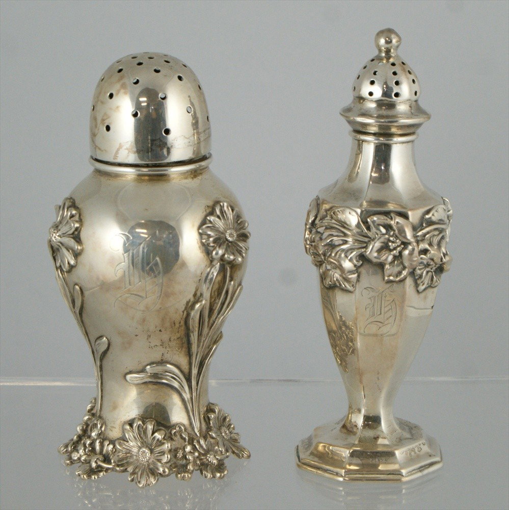 (2) sterling silver floral repousse shakers, Wil: (2) sterling silver floral repousse shakers, William Kerr muffineer & Woodside shaker, tallest 5 3/4", 8.235 TO