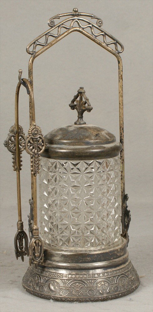 Victorian Pickle Jar, with tongs, arches and flo: Victorian Pickle Jar, with tongs, arches and floral design, pattern clear glass insert, Middletown Quadruple plate, 10-1/2" h.