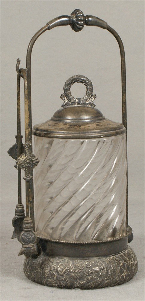 Victorian Pickle Jar, with tongs, leaves and flo: Victorian Pickle Jar, with tongs, leaves and flower design, pattern clear glass insert, Middletown Quadruple plate, 10-1/2" h.