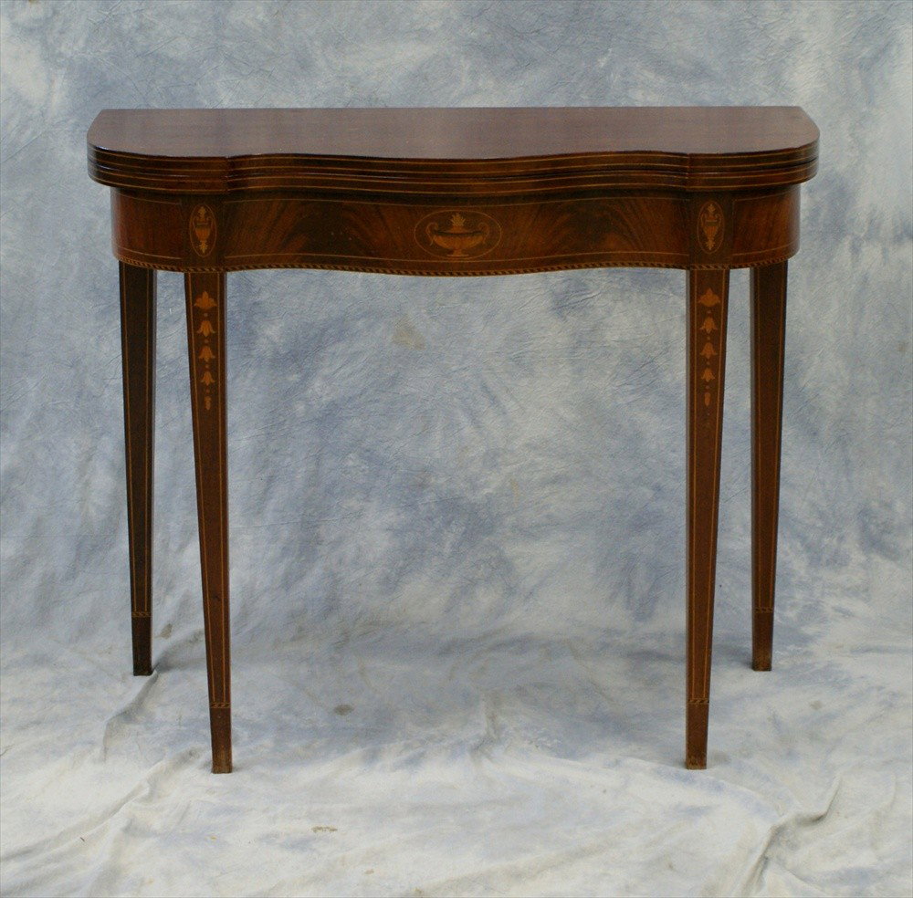 Inlaid mahogany Hepplewhite style serpentine fro: Inlaid mahogany Hepplewhite style serpentine front card table with urn and bellflower inlay, 35 1/2" w
