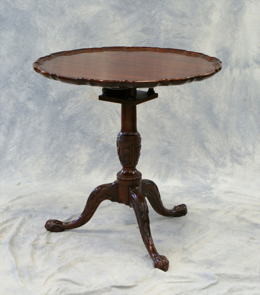 Henkel Harris pie crust tilt top table with bird: Henkel Harris pie crust tilt top table with birdcage support, carved legs with C&B feet, Style 5345, Finish 29, top carved from the solid, 27 1/2" d,