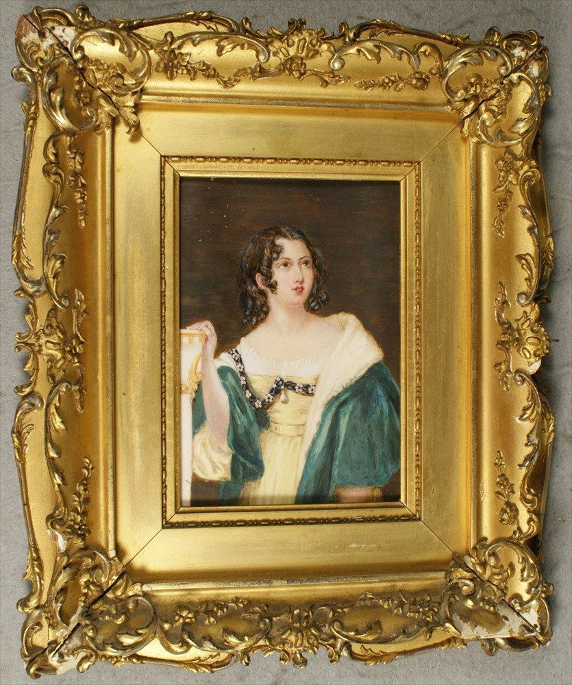 Portrait on ivory, Lady in fur trimmed cape, sig: Portrait on ivory, Lady in fur trimmed cape, signed Cecile de Metais upper right, 6 3/8" x 4 1/2" , original; gilt frame, Sold subject to CITES import/export laws, see Paragraph 12 in terms