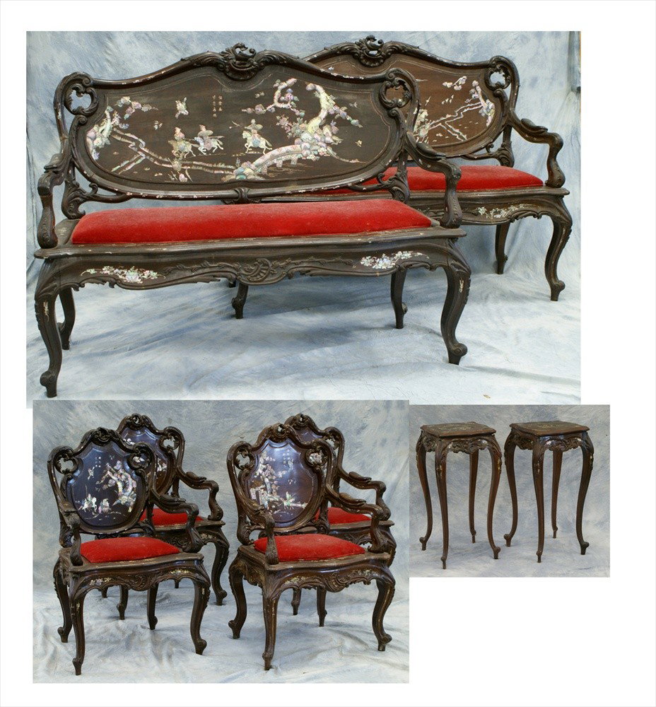 8 pc inlaid rosewood Chinese Rococo Style Parlor: 8 pc inlaid rosewood Chinese Rococo Style Parlor Suite, circa 1860-1880, c/o 2 settees 39-1/2" x 52", 4 arm chairs 38" x 24", and 2 stands, all with with pierced and carved decoration of scrolls, foli
