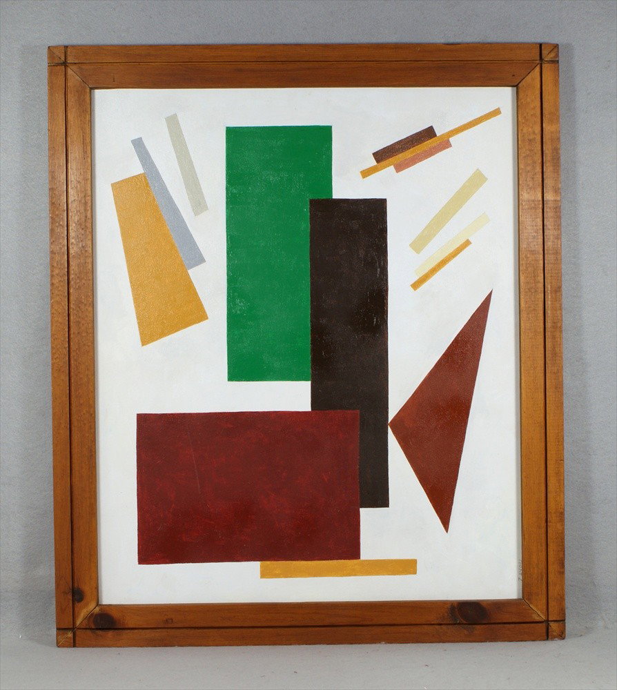 Seymour Zayon, American, 1930- , Rectangle of br: Seymour Zayon, American, 1930- , Rectangle of brown green and maroon on white, acrylic on board, 24" x 20", Signed LR & verso.