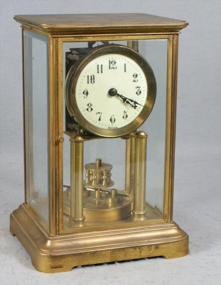 Gustave Becker Anniversary Clock, Germany, in un: Gustave Becker Anniversary Clock, Germany, in unusual rectangular brass & beveled glass case, 10-3/4" h, 7-1/4" x 6-1/4", suspension spring missing.