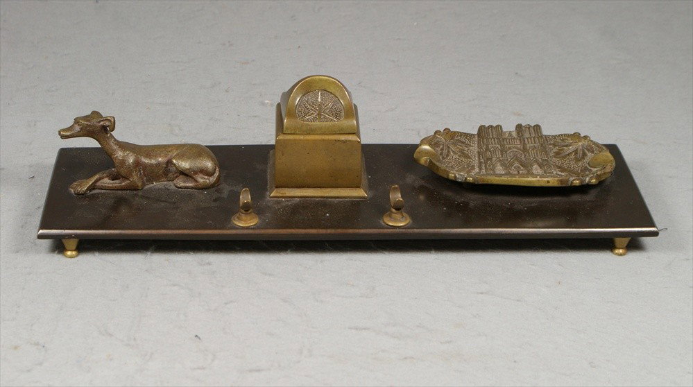 Bronze Desk Set, "Reims", with dog, inkwell, pen: Bronze Desk Set, "Reims", with dog, inkwell, pen holder, and Cathedral pen holder, 15-3/8" x 4-7/8".