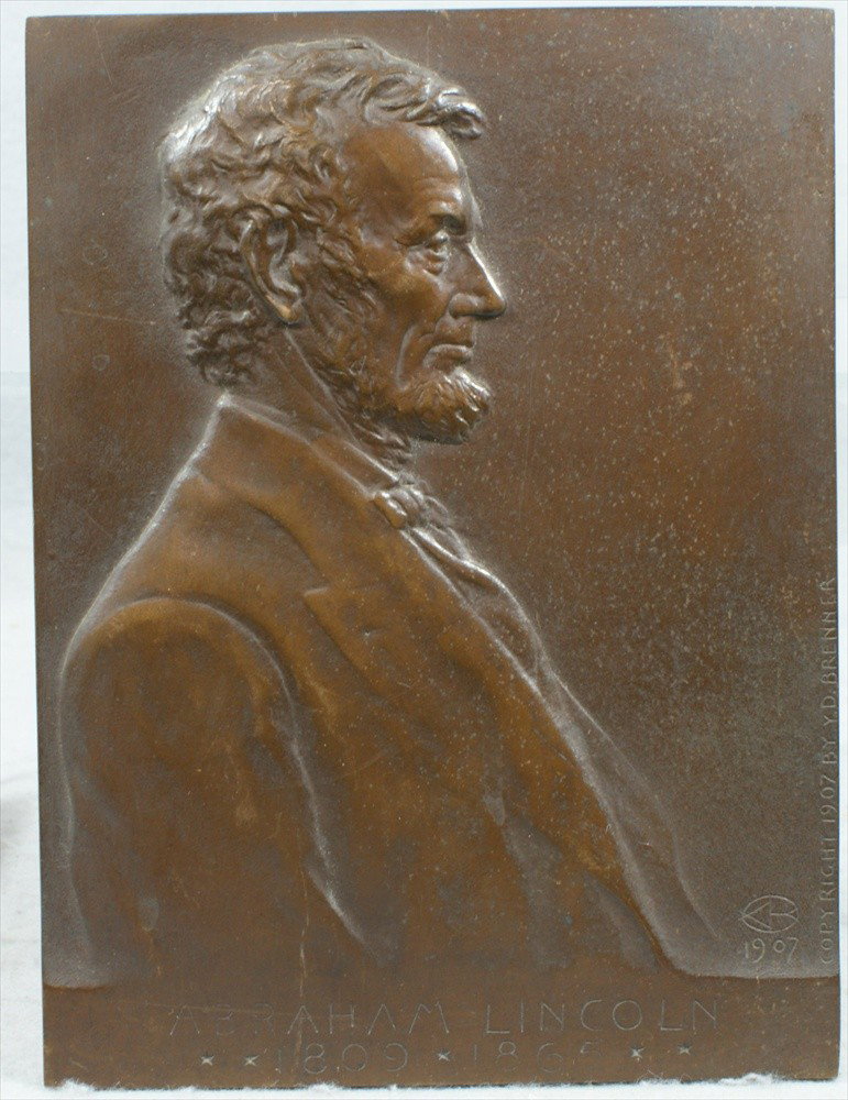 Victor D Brenner, American, 1871-1924, bronze pl: Victor D Brenner, American, 1871-1924, bronze plaque of Abraham Lincoln in profile, created 2 years prior to the design on the US Lincoln cent designed by Brenner, dated 1907, on an easel back, 9 1/2"