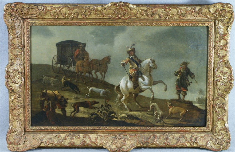 In the Manner of Adam Frans van der Meulen, Flem: In the Manner of Adam Frans van der Meulen, Flemish, 1632-1690, oil on wood panel, Cavalier on Horseback with Entourage, 14 3/4" x 25 1/2", with conservation label from Walt Nowatka, Gatehouse Galleri