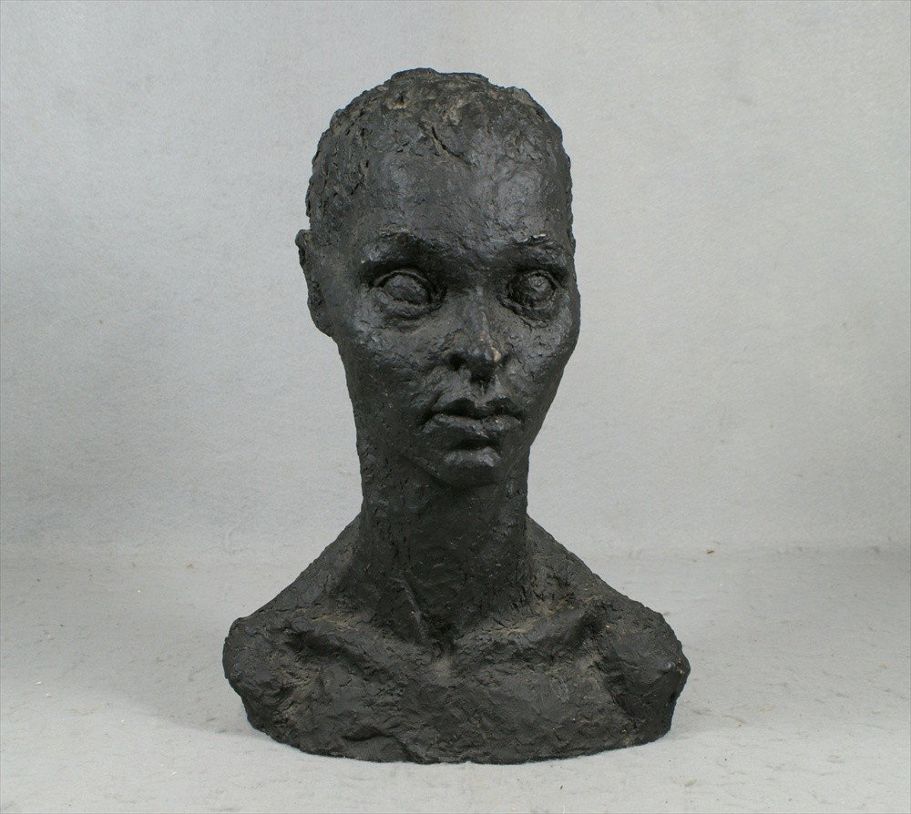 Pottery bust of a young woman, unsigned, 14" tal: Pottery bust of a young woman, unsigned, 14" tall