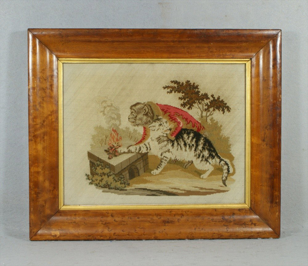 Needlepoint panel of monkey and cat, birdseye ma: Needlepoint panel of monkey and cat, birdseye maple frame, 16" x 19"