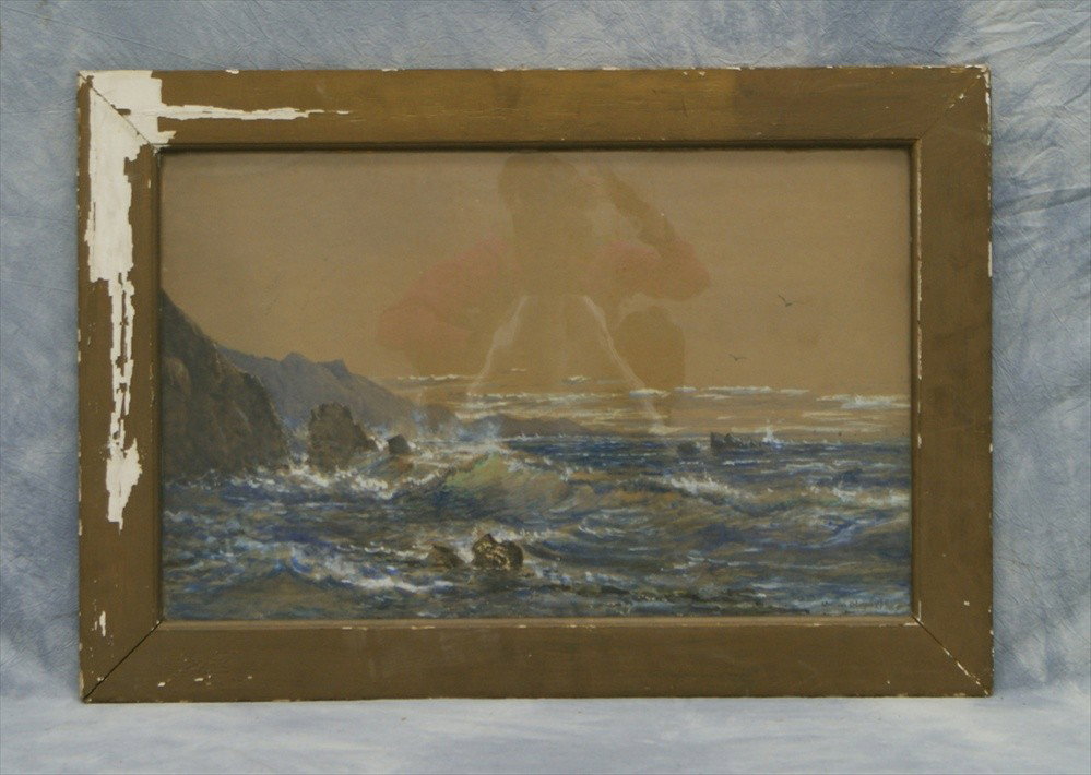 Edmund D Lewis, American, 1835-1910, w/c & gouac: Edmund D Lewis, American, 1835-1910, w/c & gouache, Breaking Waves, 18" x 28", browned