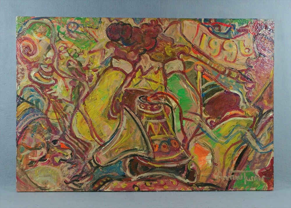 Andrew Turner, American, PA, 1944-2001, o/c, "Ha: Andrew Turner, American, PA, 1944-2001, o/c, "Happy New Year, 1996", inscribed verso "To Imani/best wishes and what a new year/Andrw Turner", 24" x 36"