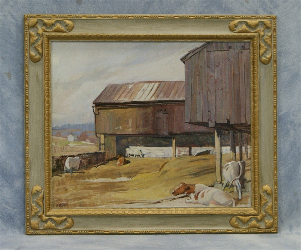 Mildred Bunting Miller, 1892-1964, O/C, Cows In : Mildred Bunting Miller, 1892-1964, O/C, Cows In Barnyard, overall 32-1/2" x 37-1/2"