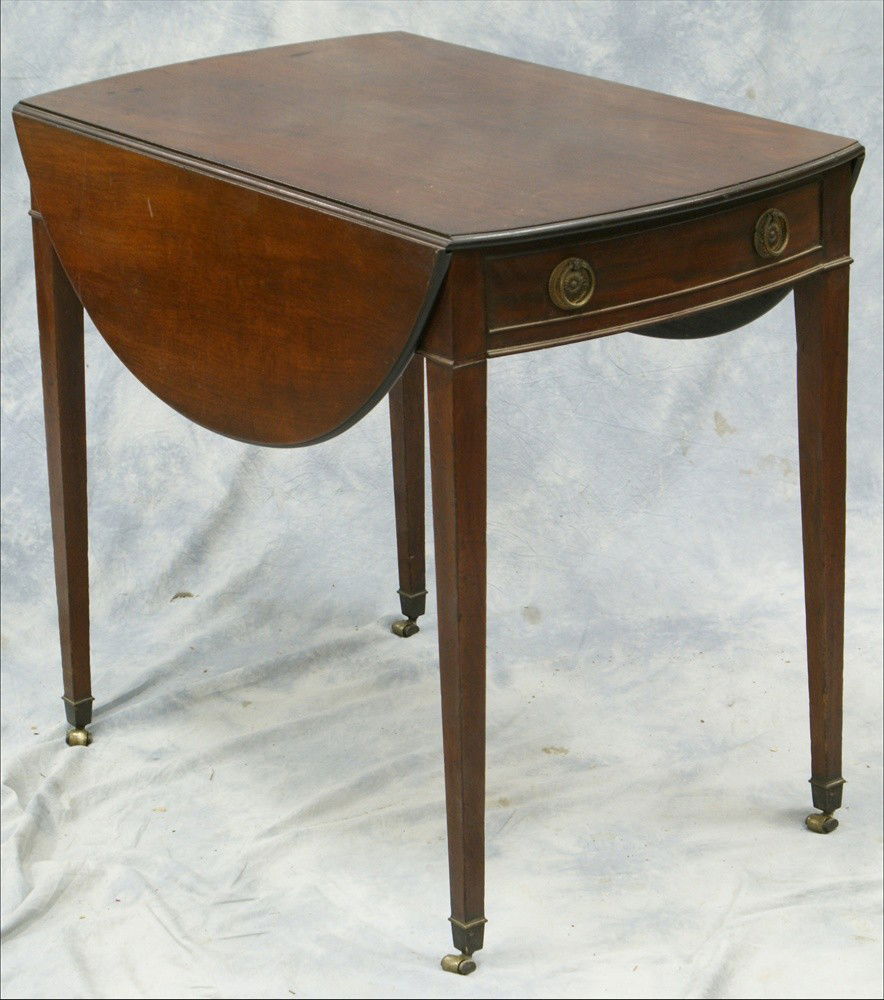 Mahogany Georgian Hepplewhite Pembroke table wi: Mahogany Georgian Hepplewhite Pembroke table with drawer in one end, original brass, 31 1/2" x 19 1/2", 10" leaves, 28" high