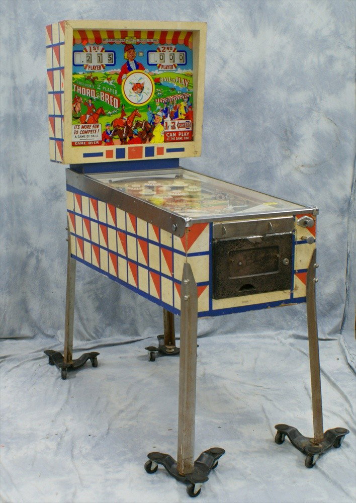 Gottlieb 2 player "Thoro-Bred" pinball machine,: Gottlieb 2 player "Thoro-Bred" pinball machine, c 1965, 1750 produced, in unrestored working condition, 68 1/2" h, 52" long