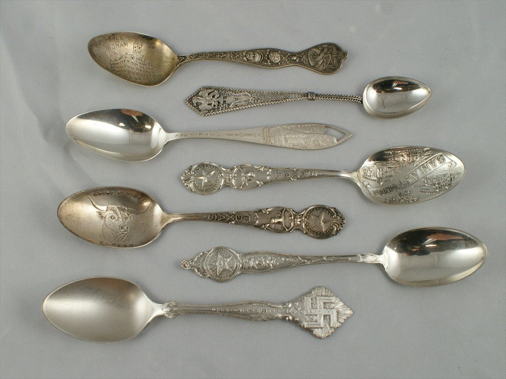 (7) sterling silver souvenir spoons, Yosemite, M: (7) sterling silver souvenir spoons, Yosemite, Mexico, Birmingham/AL, San Antonio/TX, Oklahoma, Pride of Texas, Native American symbol, 3.49 TO