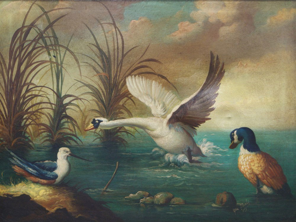 Ira Monte, Spanish, b 1918, o/c, Swan and other: Ira Monte, Spanish, b 1918, o/c, Swan and other birds, 30 1/4" x 40 1/4", old repairs