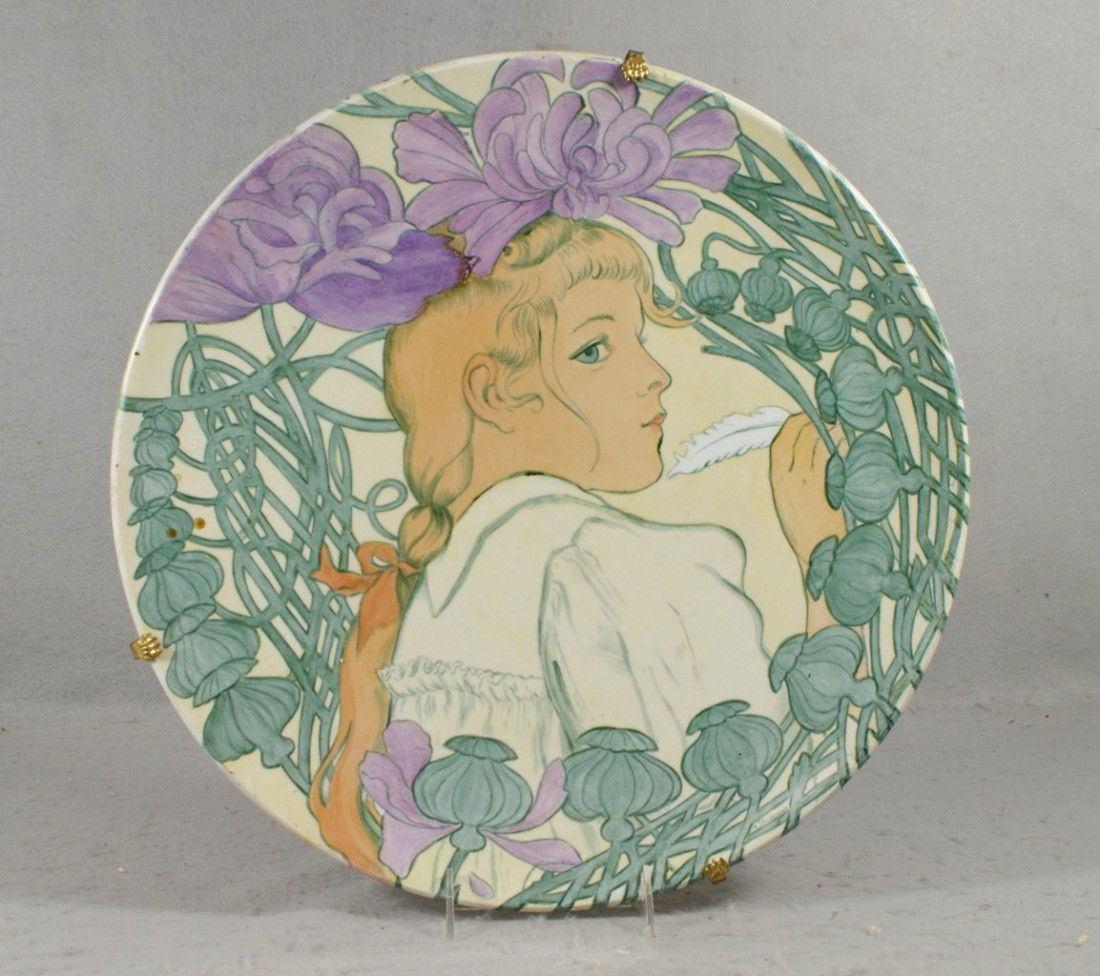 HP French earthenware charger, portrait of a yo: HP French earthenware charger, portrait of a young woman, artist signed M Piedanna, 16" d
