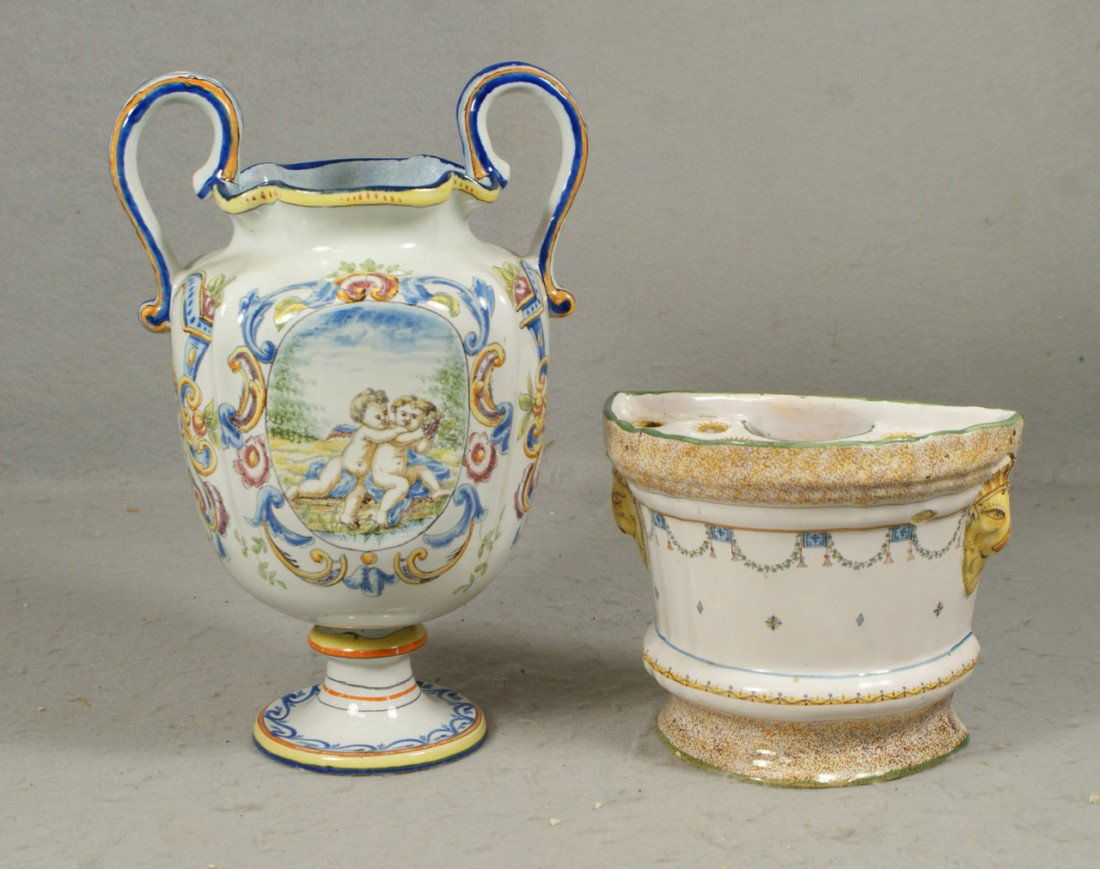 French faience vase, St Clement, 11 1/2" h, with: French faience vase, St Clement, 11 1/2" h, with a French faience demilune tulipiere, sponged and HP decoration, some chips and a crack, 5 3/4" h