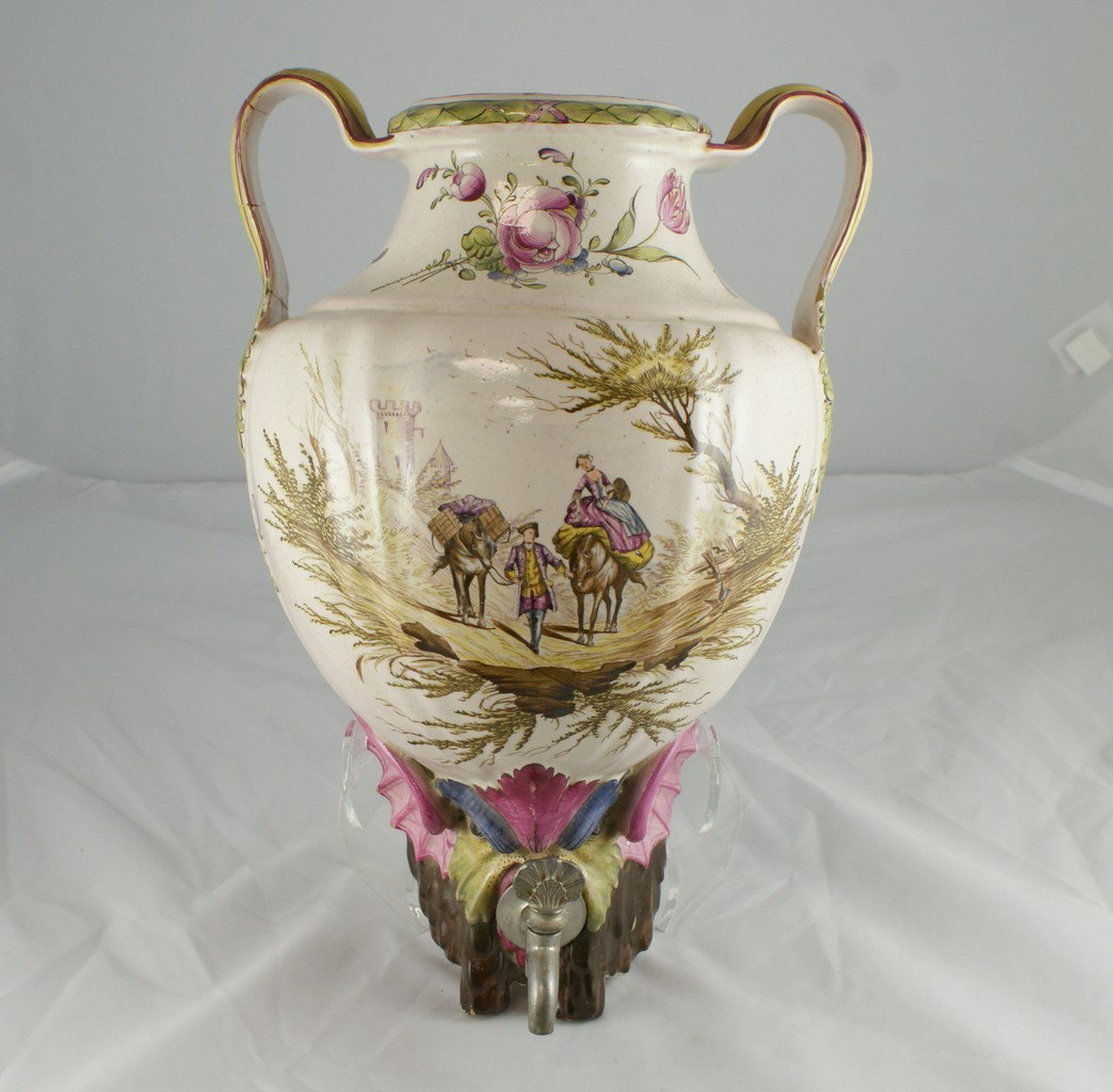 French faience lavabo with mark of Veuve Perrin,: French faience lavabo with mark of Veuve Perrin, couple on horseback, repaired handle, 13 1/2" h