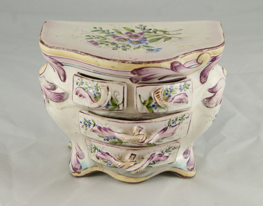 French faience miniature commode, St Clement, 5: French faience miniature commode, St Clement, 5 1/2" w, 4 1/2" h