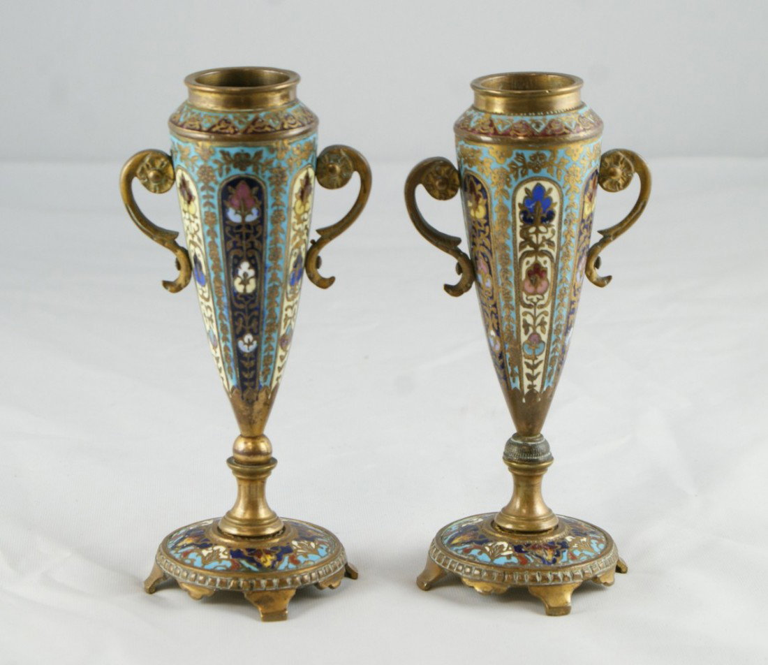 Pr champleve brass urns, Continental, 6" tall: Pr champleve brass urns, Continental, 6" tall