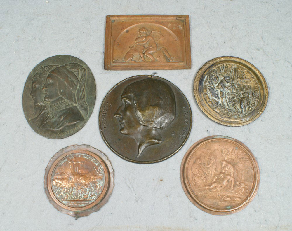6 bronze & other metal medallions & discs, Marga: 6 bronze & other metal medallions & discs, Margaret Maerz, 1927, Dante E Beatrice, Rebecca at the Well, Cupid with Dog, Siege de la Bastille, another biblical scene, typically 4-6"