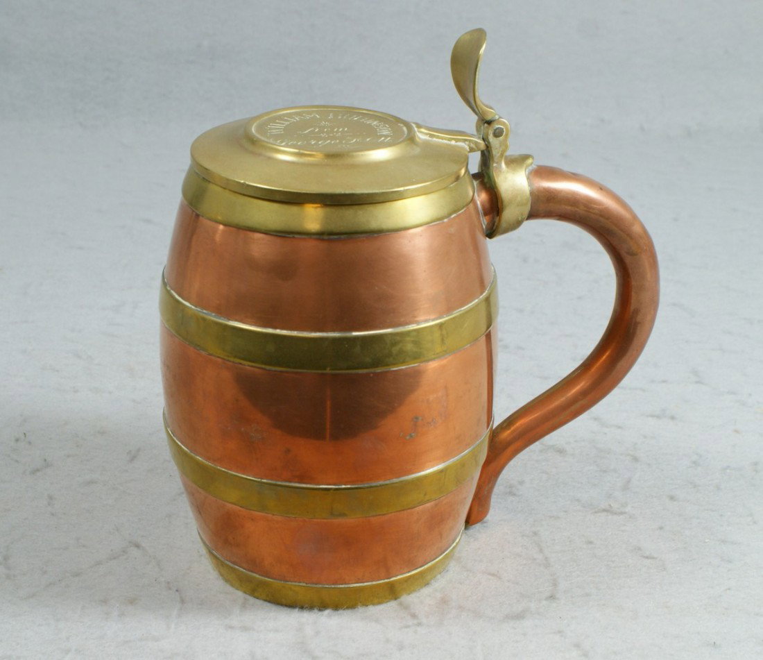 Brass & copper tankard engraved on lid "William : Brass & copper tankard engraved on lid "William Robinson from George F Ott", 8 1/4" tall