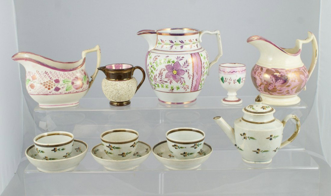 7 pc English pearlware teaset c/o teapot (repair: 7 pc English pearlware teaset c/o teapot (repaired handle), 3 handleless cups w/saucers, and 5 pcs pink lusterware c/o 4 pitchers and an egg cup