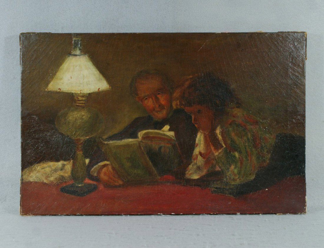 American School, 19th c, o/c, Man and young Girl: American School, 19th c, o/c, Man and young Girl Reading, unframed, 13 1/2" x 21"