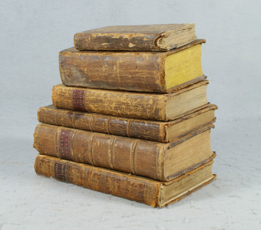 (6) early leather religious volumes, No Cross No: (6) early leather religious volumes, No Cross No Crown, William Penn, Philadelphia, 1796, loose front board, Barclays Apology, Robert Barclay, Philadelphia, 1775, Account of the Life of John Richardso