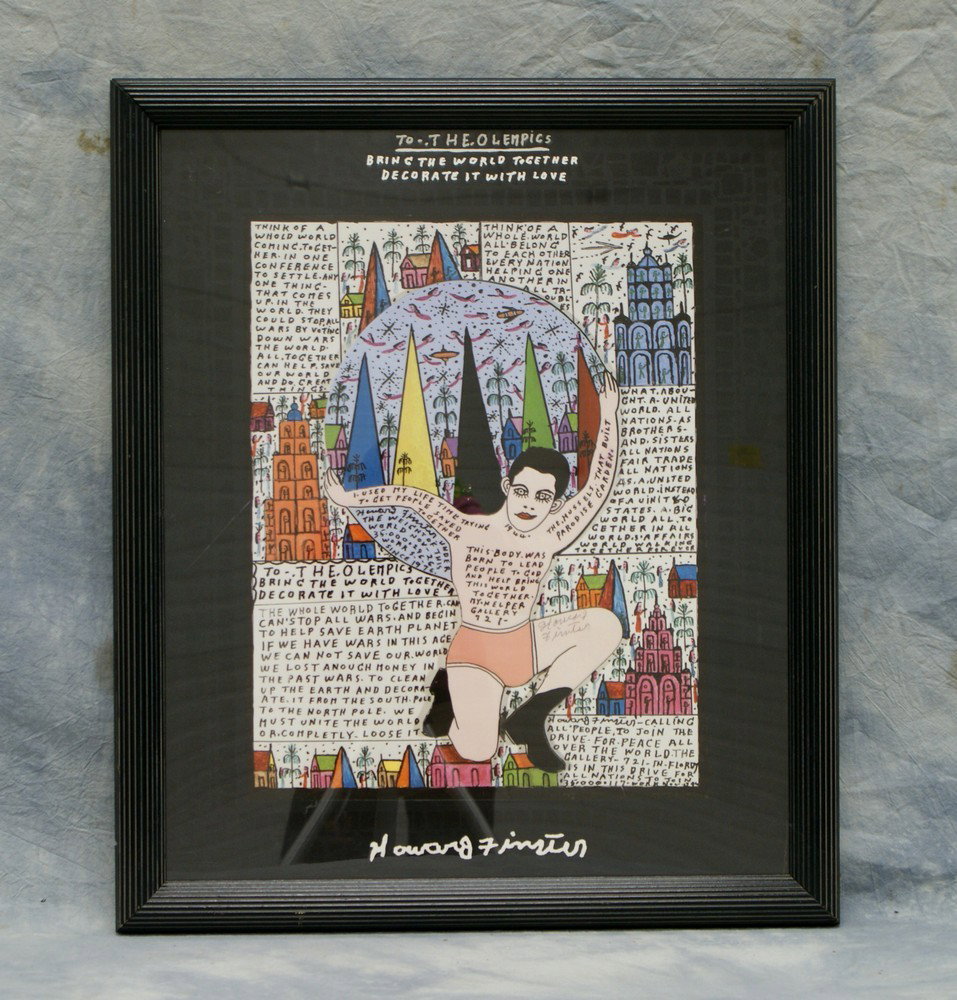 Howard Finster, American, 1916-2001, lithograph,: Howard Finster, American, 1916-2001, lithograph, To.The.Olempics….Bring the world Together……, 22" x 18" pencil signed