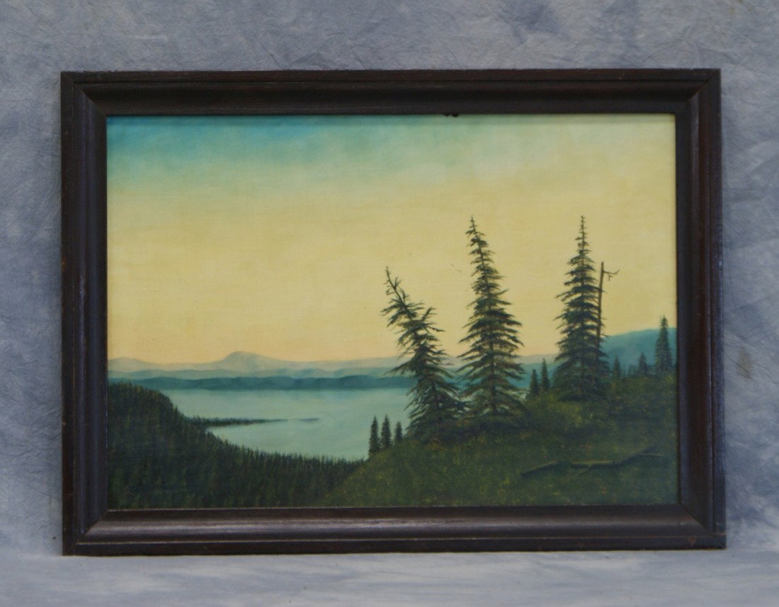 John McClellan, American, 20th c, acrylic on pa: John McClellan, American, 20th c, acrylic on panel, Mountain Lake Landscape with Pine Trees, 15 1/2" x 23"
