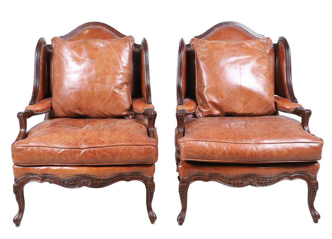 Pair William Alan Louis XV style leather armchairs (1 of 9)