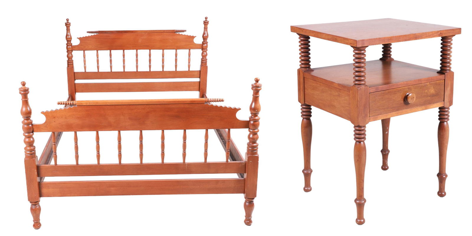 Cherry Sheraton style full size bed and drawer side table: Cherry Sheraton style full size bed and drawer side table, turned bed, spool turned side table, 29-1/4"h x 21"w x 18"d